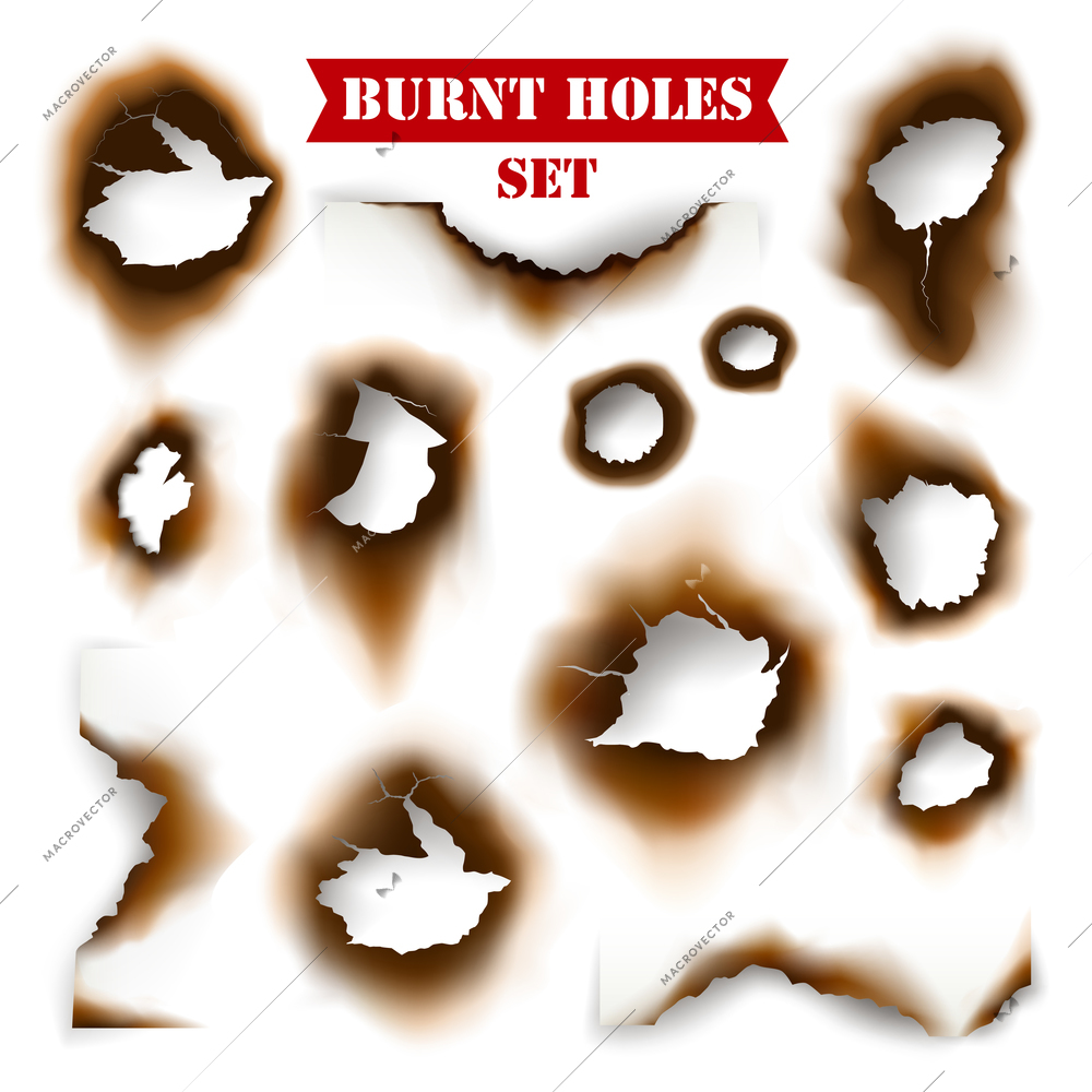White torn sheet of paper with burnt holes background flat vector illustration