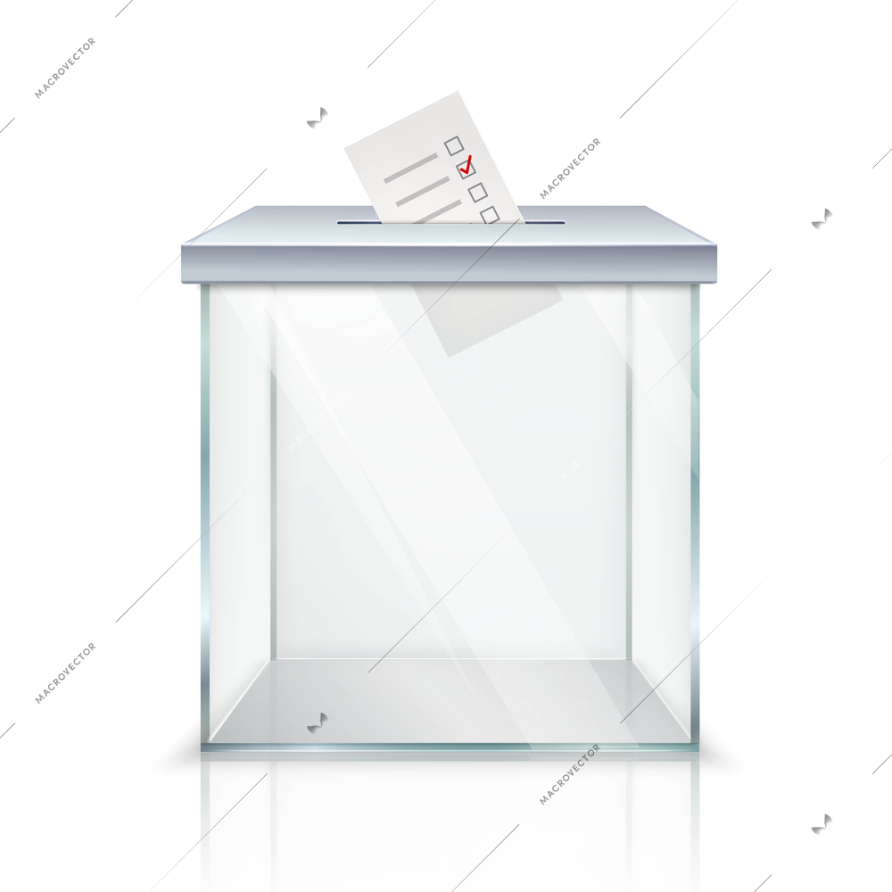 Realistic empty transparent ballot box with marked ballot in hole on white background isolated vector illustration