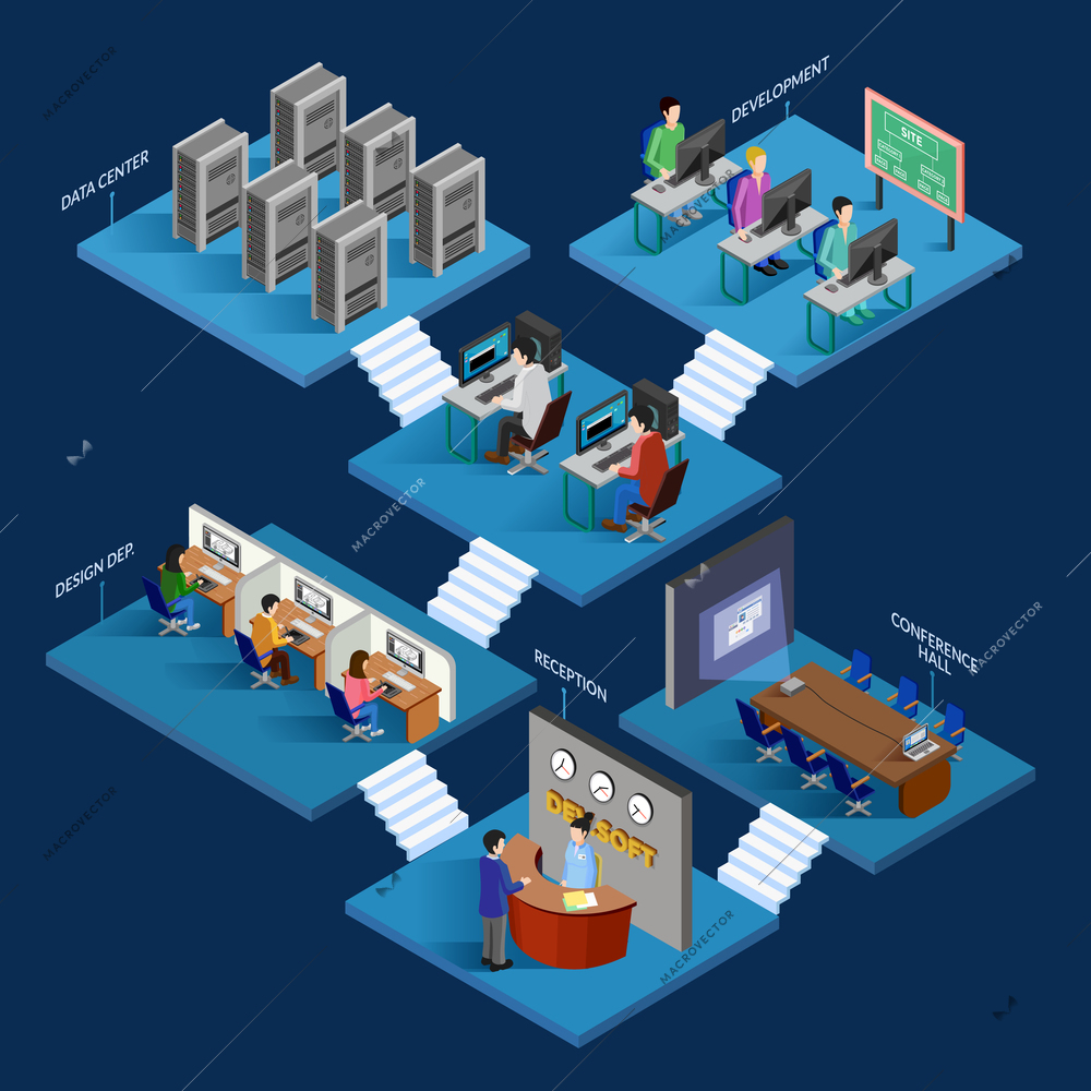 Development  isometric design concept with hosting services developers and office staffs busy in working process decorative elements flat vector illustration