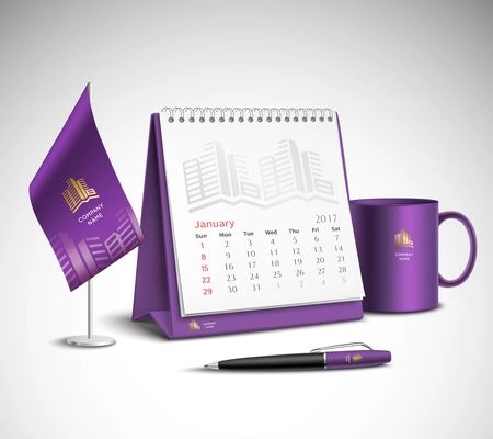 Calendar pen flag and cup corporate identity mockup set of purple color for your design on light background realistic vector illustration