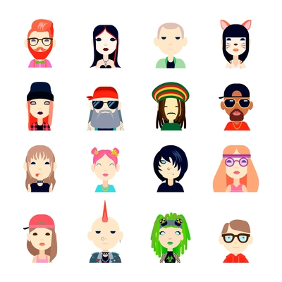 Subcultures and people icons set with hippie and hipster flat isolated vector illustration