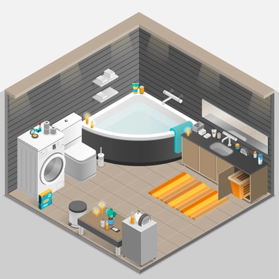 Bathroom with candles bath washing machine and mirror isometric vector illustration