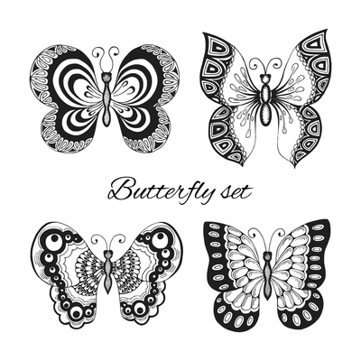 Set of black and white tattoo style butterflies with ornate wings isolated vector illustration