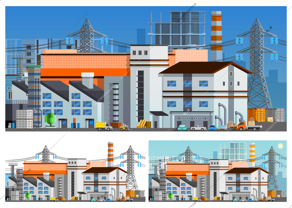 Factory buildings orthogonal compositions set flat isolated vector illustration