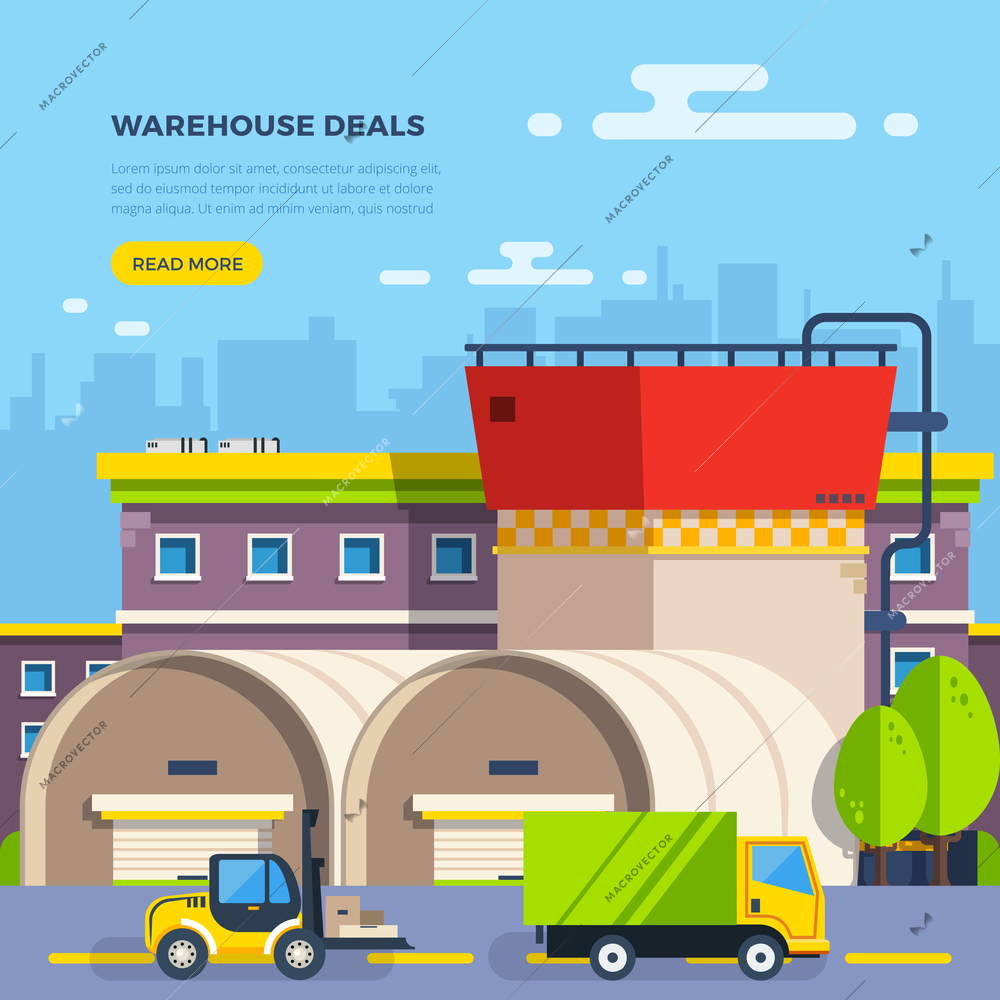 Big warehouse building with cart and van for goods delivery on cityscape background flat vector illustration