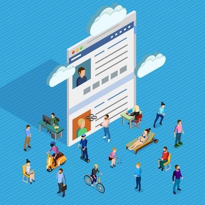 Forum society of men and women of different ages having various interests and using electronic devices isometric composition with forum page and clouds on blue background vector illustration