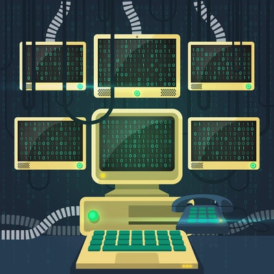 Phone old computer monitors with matrix flat vector illustration