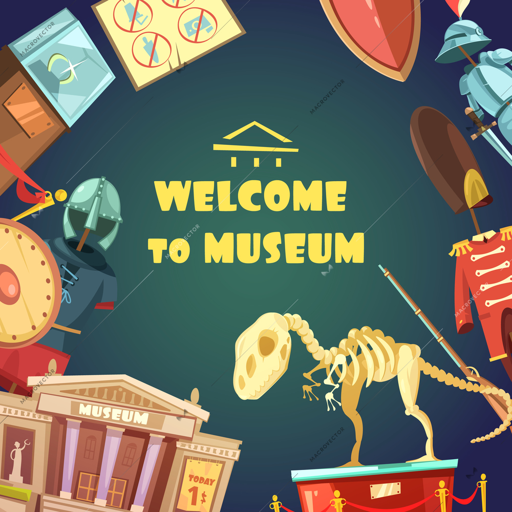 Color invitation to museum in cartoon style with dinosaur armor vector illustration