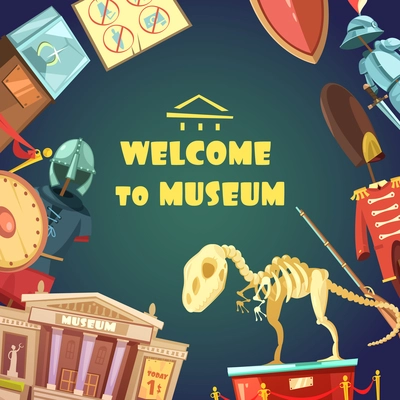 Color invitation to museum in cartoon style with dinosaur armor vector illustration