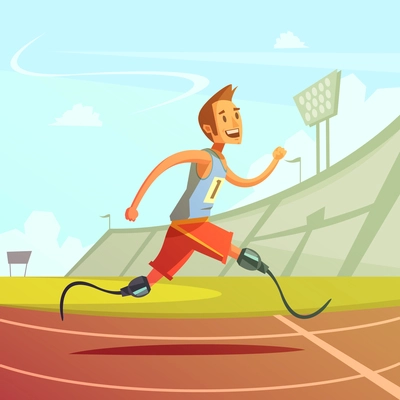 Color cartoon illustration depicting disabled runner prosthesis instead of legs vector illustration