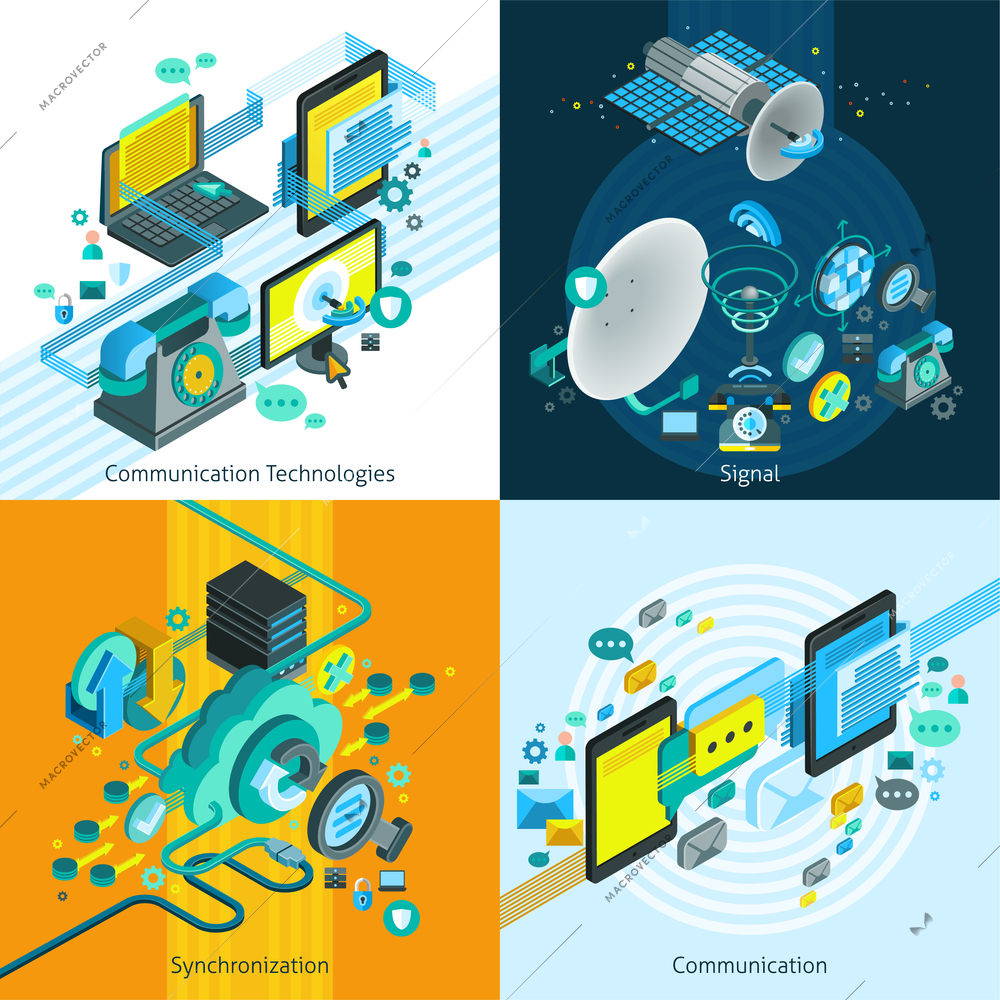 Telecom network mobile isometric 2x2 design concept with elements of synchronization and connection and satellite dish images vector illustration