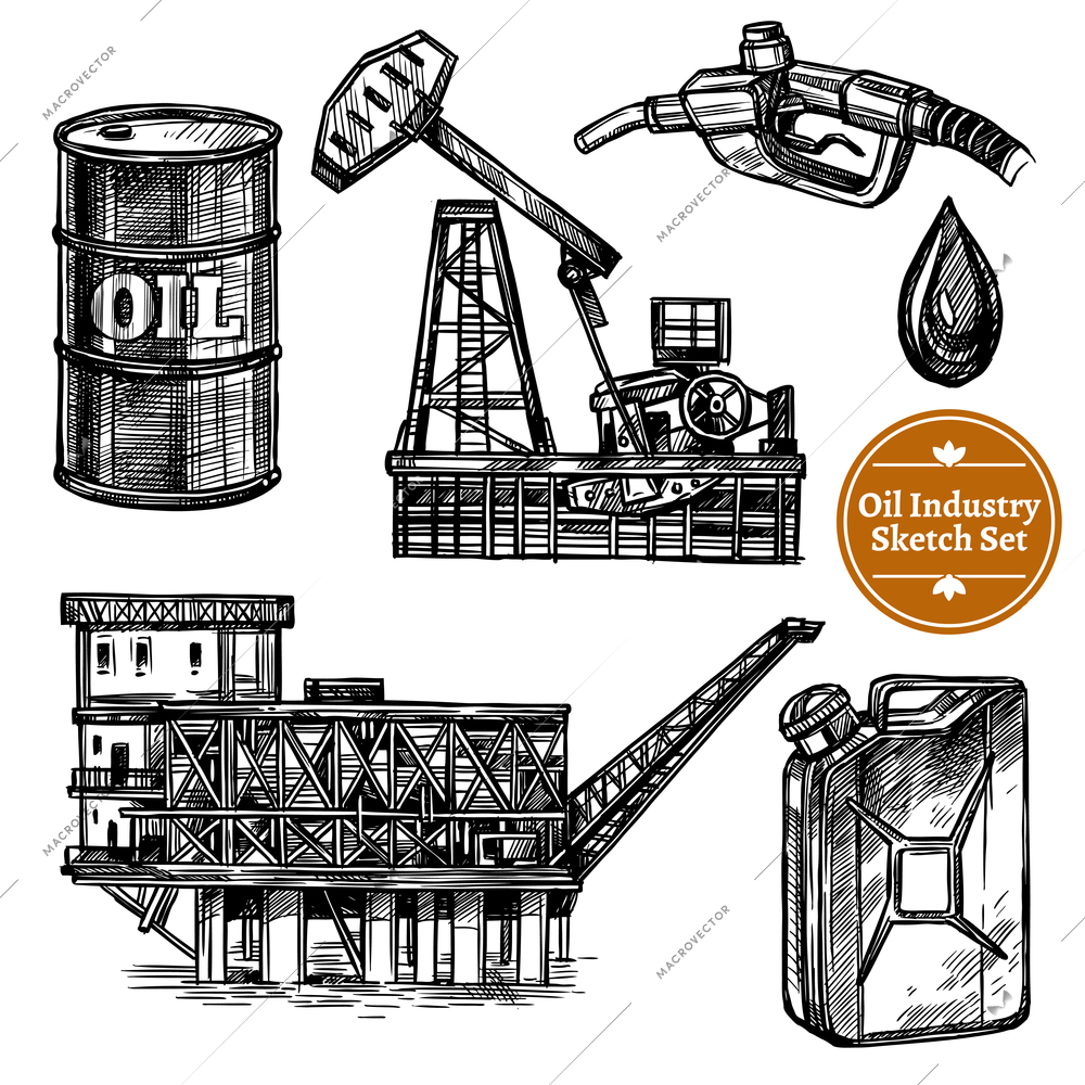 Hand drawn sketch oil industry set with oil offshore platform image and elements of  filling station isolated vector illustration