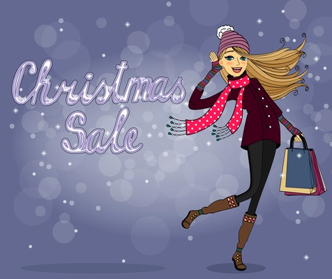 Girl with shopping bags at christmas sale vector illustration