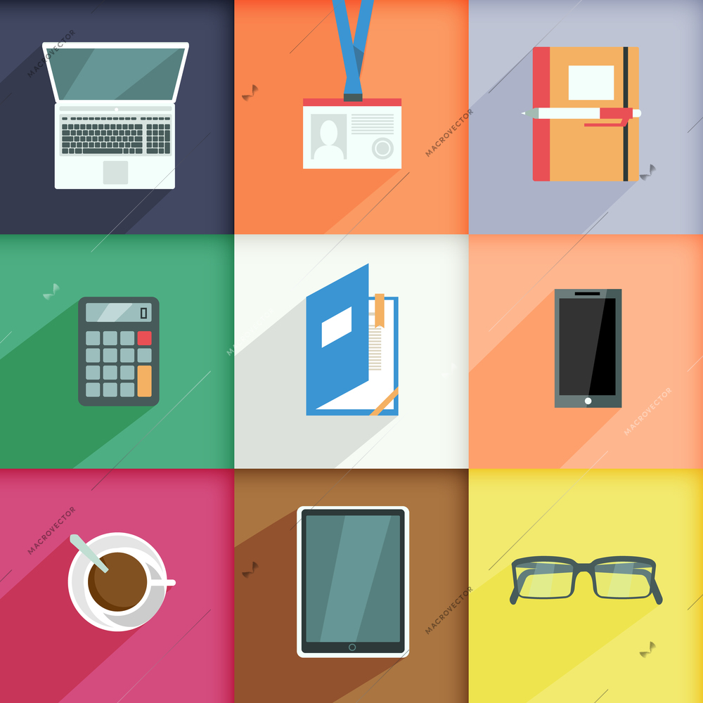 Workplace icons set with computer pass notebook calculator isolated vector illustration