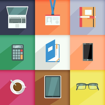 Workplace icons set with computer pass notebook calculator isolated vector illustration