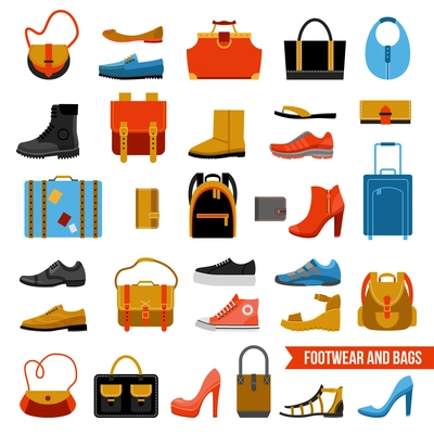 Flat colored collection of fashion accessories with man and woman footwear reticules suitcases portmanteau bags isolated vector illustration