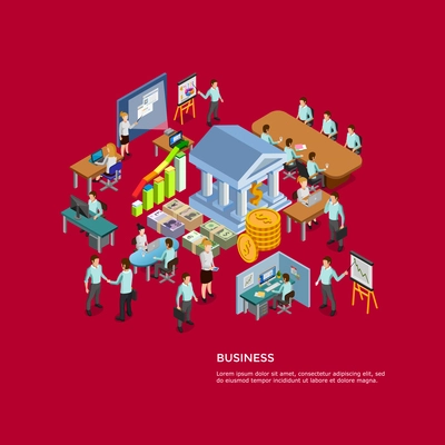 Isometric business concept set with men and women working in office vector illustration