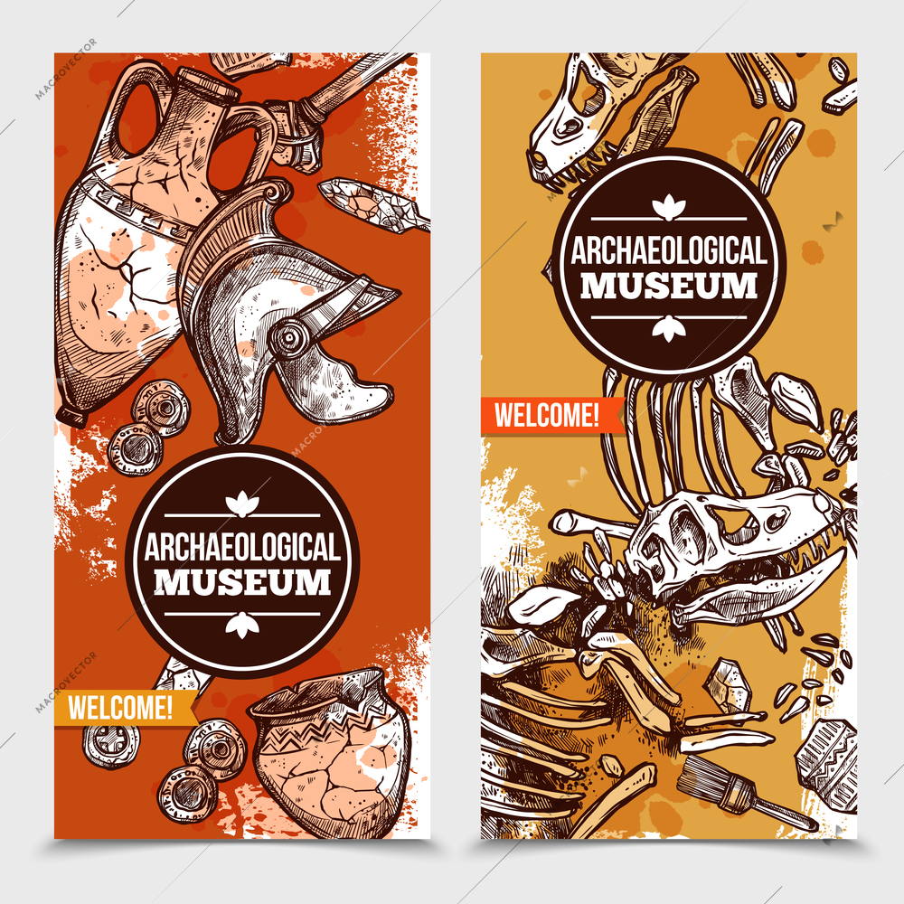 Two hand drawn archeology vertical banners with images of exhibits of archaeological museum and tools for excavations vector illustration