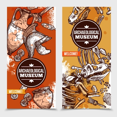 Two hand drawn archeology vertical banners with images of exhibits of archaeological museum and tools for excavations vector illustration