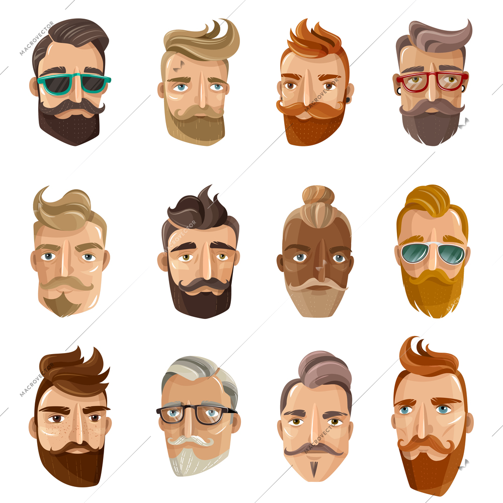 Hipster barbershop cartoon european people with beards moustaches and various stylish haircuts on white background isolated vector illustration
