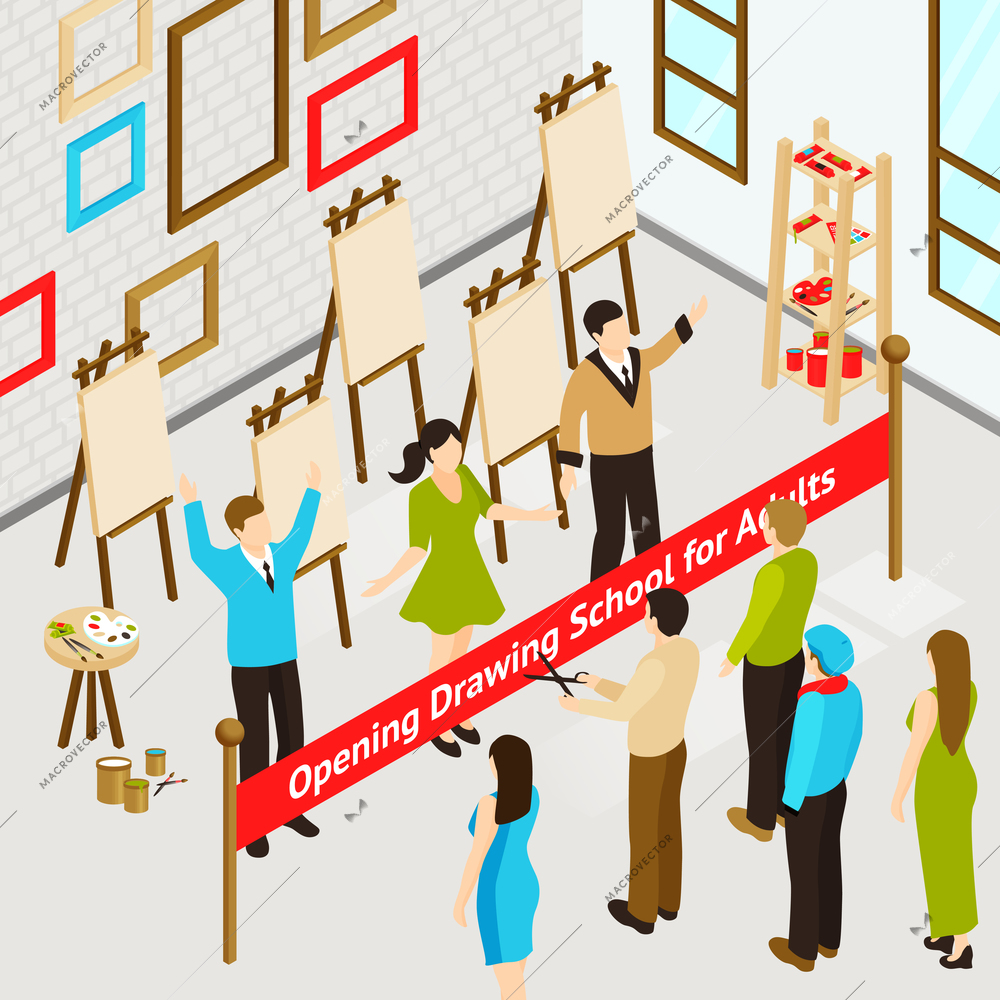 Opening art studio for adults isometric concept with people in drawing school interior vector illustration