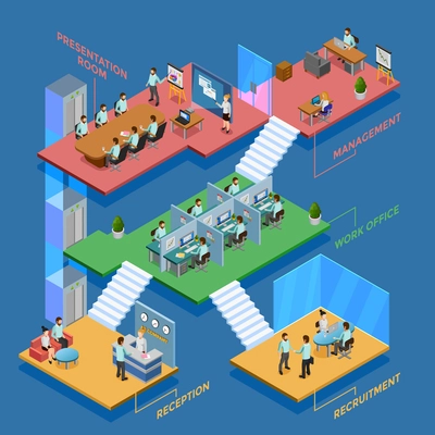 Many-storeyed isometric office with clerks at their workplaces vector illustration