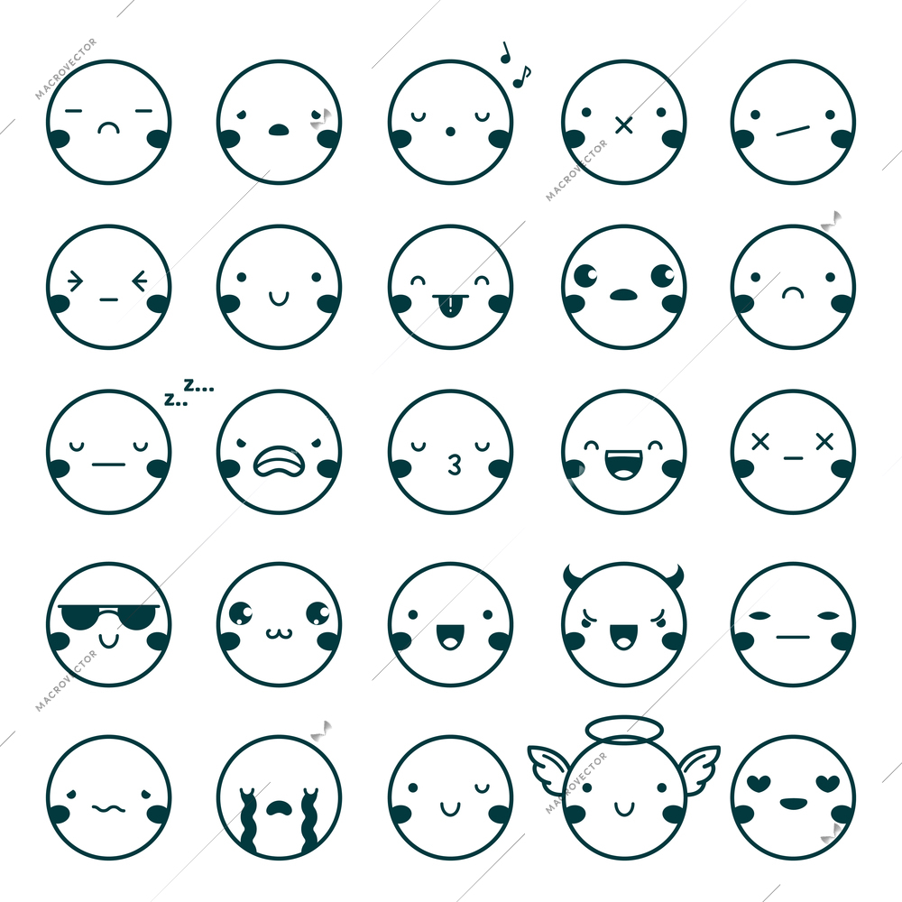 Twenty-five emoji emoticons black set showing different emotions isolated on white background flat vector illustration