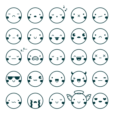 Twenty-five emoji emoticons black set showing different emotions isolated on white background flat vector illustration