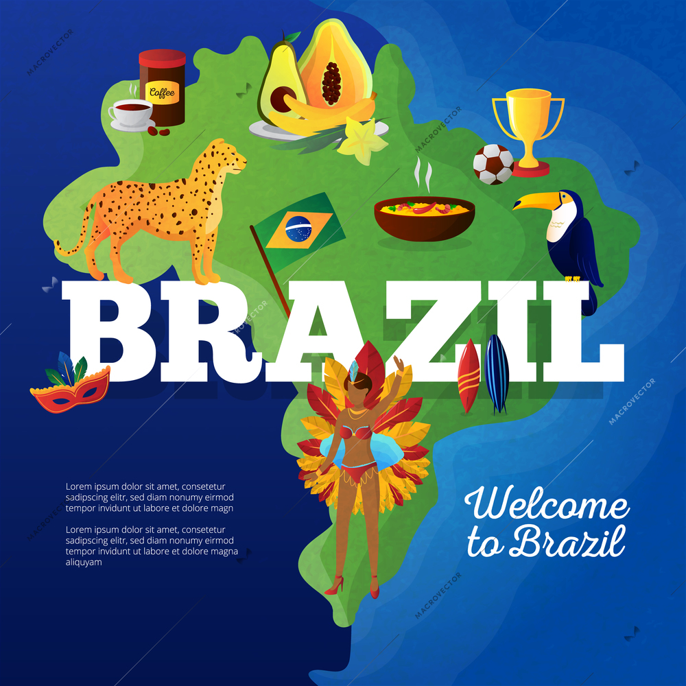 Brasil cultural symbols map for travelers flat poster with toucan bird and football cup trophy abstract vector illustration