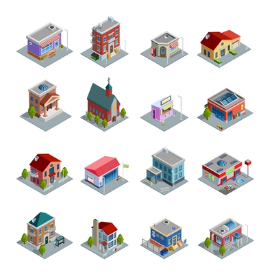 Different kinds of buildings isometric icons set with church stores and houses of different design on white background isolated vector illustration