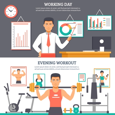 Two horizontal man daily routine banner set with descriptions of working day and evening workout vector illustration