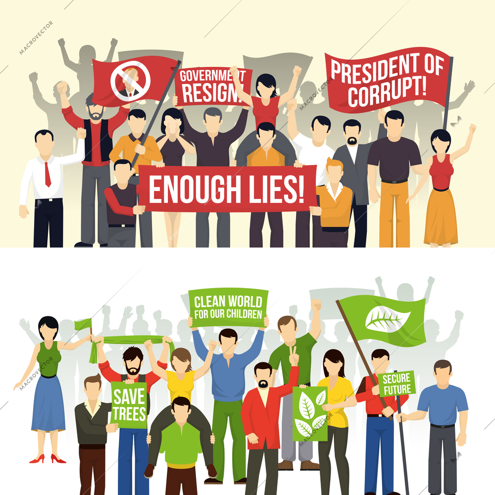 Political and ecological demonstrations horizontal banners with crowd demanding people with flags placards isolated vector illustration