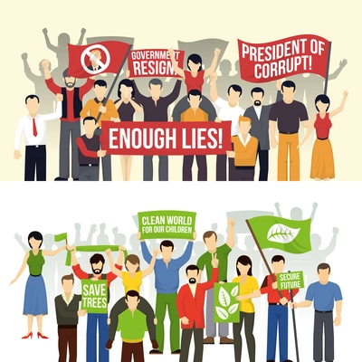 Political and ecological demonstrations horizontal banners with crowd demanding people with flags placards isolated vector illustration