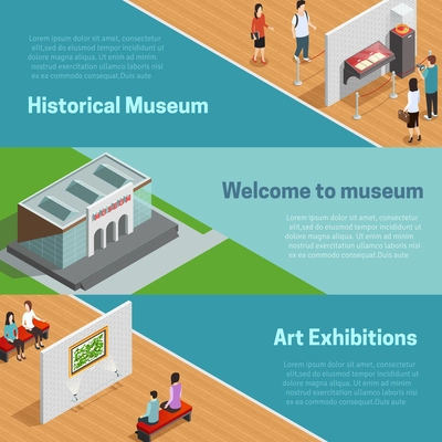 Historical and art exhibitions with scenes in galleries and welcome to museum horizontal isometric banners vector illustration