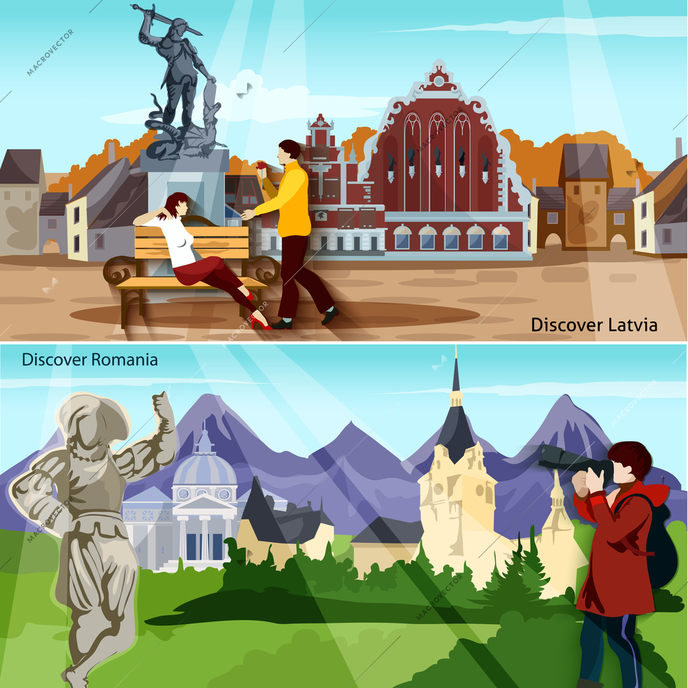 European Countries Flat Concept. Europe And Sights Horizontal Compositions. European Cities Vector Illustration. European Cityscapes Isolated Set. Discover Latvia And Romania Design Symbols.