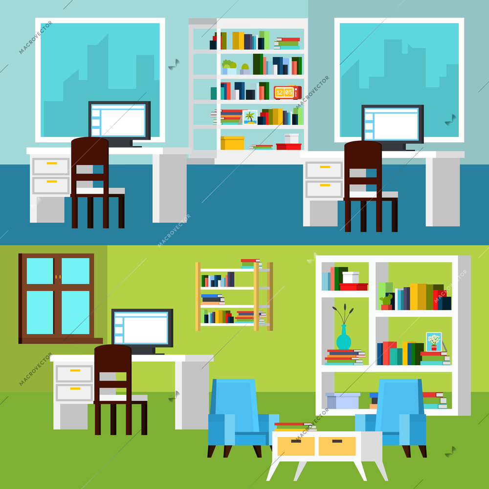 Horizontal banners of office interior compositions presenting workplaces with computers and relaxing space orthogonal vector illustration