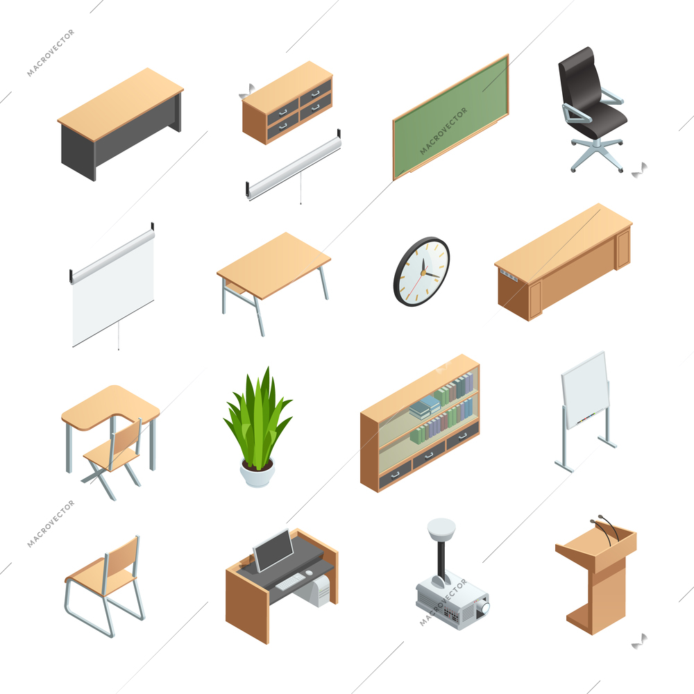 Isometric icons set of different classroom interior elements like furnitures equipments and other isolated vector illustration