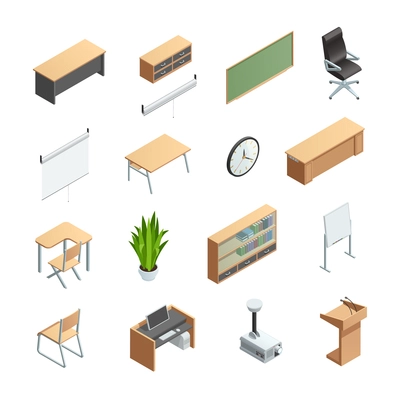 Isometric icons set of different classroom interior elements like furnitures equipments and other isolated vector illustration