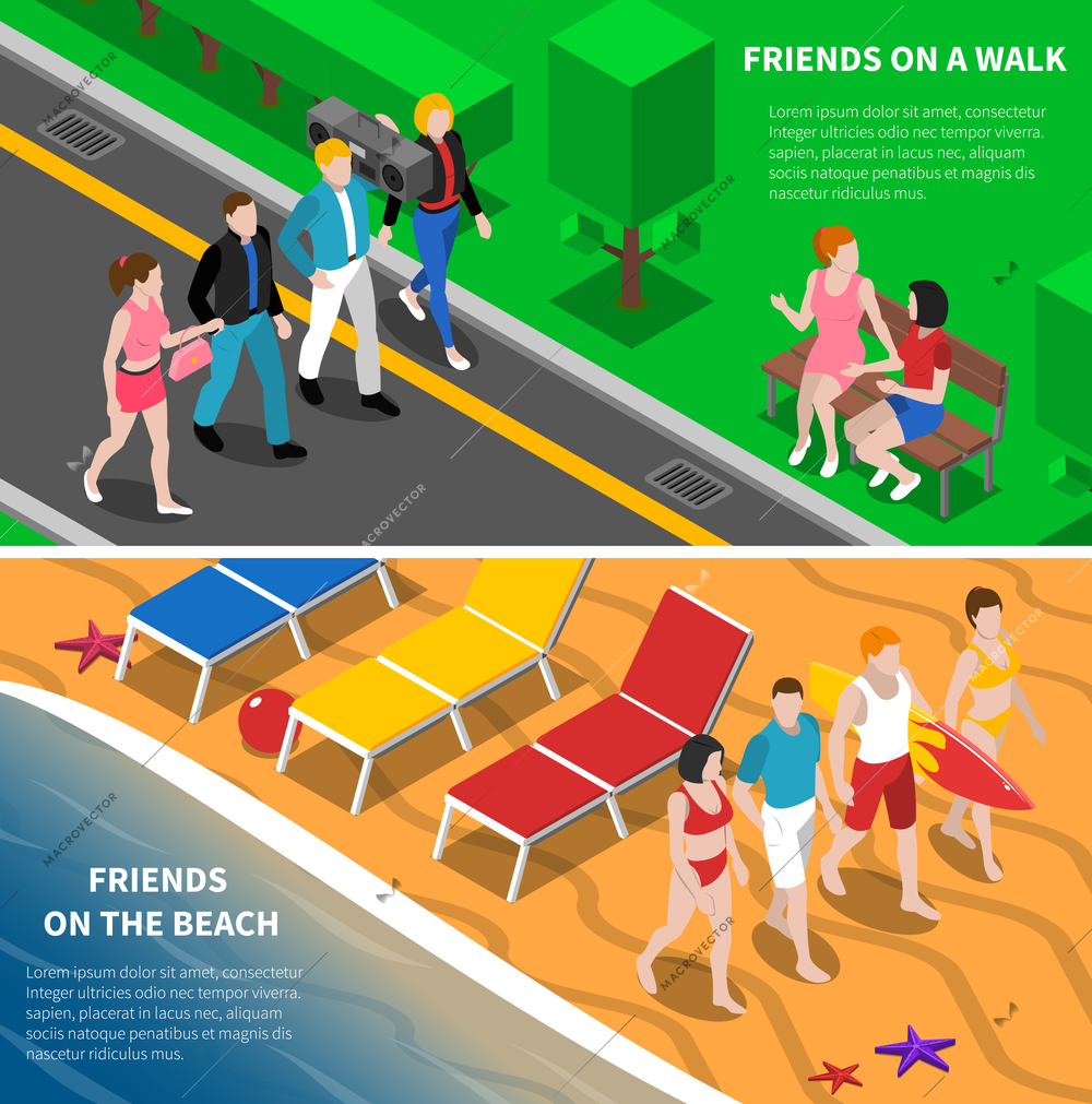 Friends walking together in the park and on the beach 2 isometric banners abstract isolated vector illustration