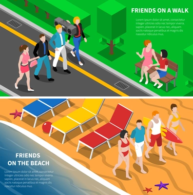 Friends walking together in the park and on the beach 2 isometric banners abstract isolated vector illustration