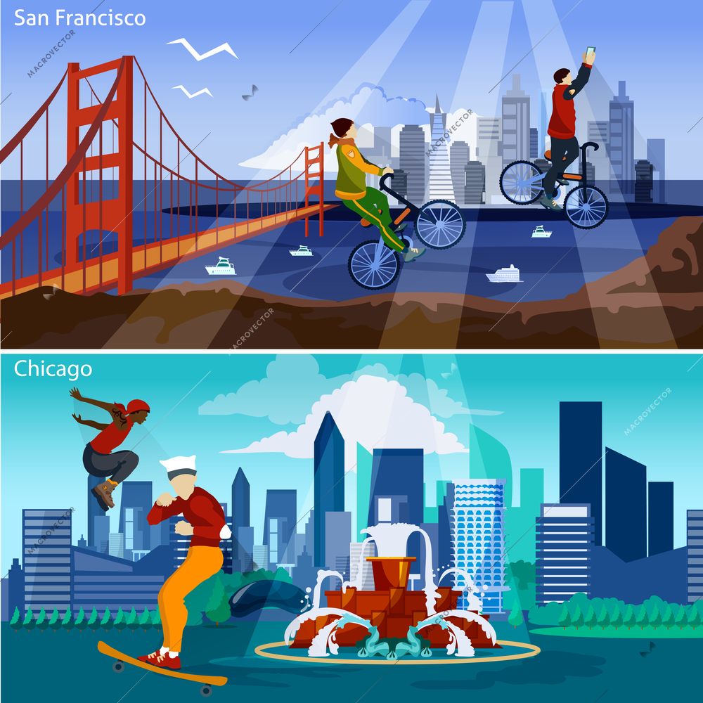 American Cities Flat Concept. USA Sights And People Compositions Set. US Cityscapes Vector Illustration. America And Cities Isolated Set.