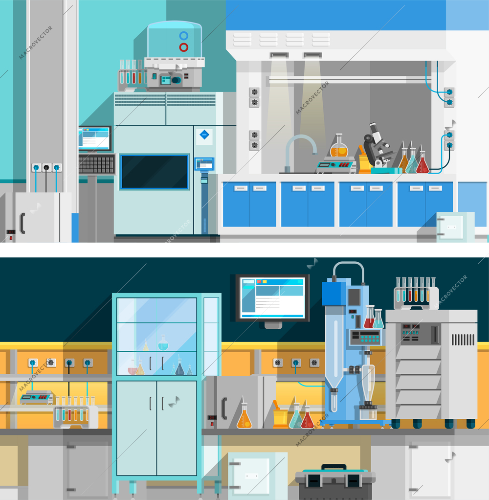 Two science laboratory horizontal banners with compositions of workspace for chemical experiments in modern interior flat vector illustration