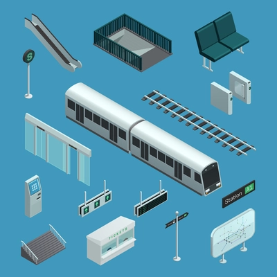 Set of color isometric icons depicting elements of subway vector illustration