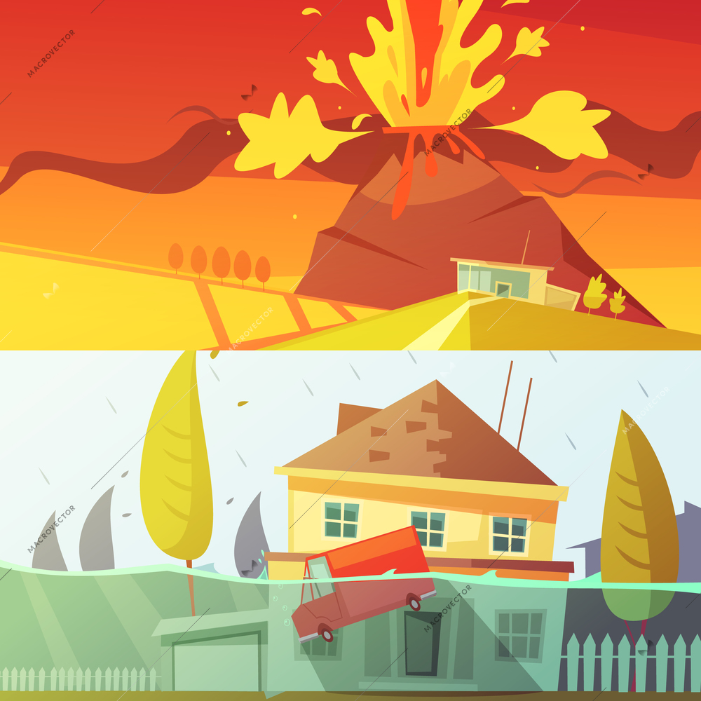 Color cartoon horizontal banners depicting natural disaster flood and volcano disaster vector illustration