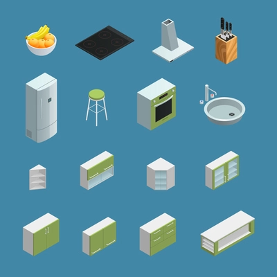 Color isometric icons depicting elements of kitchen interior with blue background vector illustration