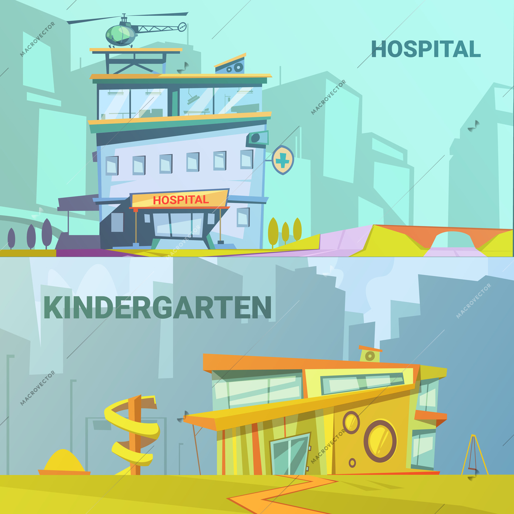 Hospital and kindergarten building retro cartoon with helicopter and playground vector illustration
