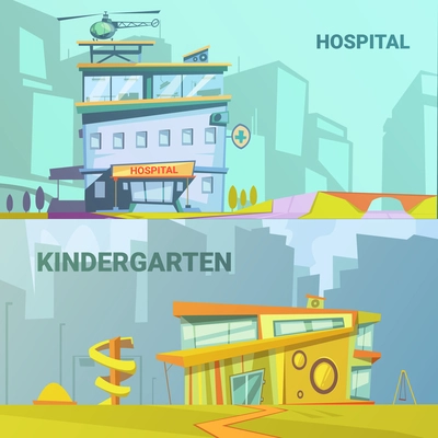 Hospital and kindergarten building retro cartoon with helicopter and playground vector illustration