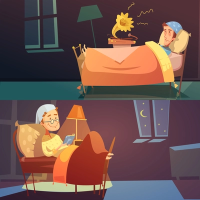 Horizontal color banners depictin man in bed in nightcap with bad and good sleep vector illustration
