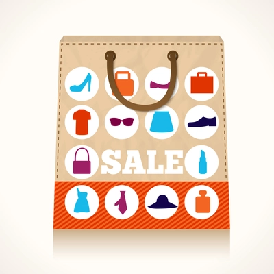 Big carry paper sale shopping bag concept with clothes and accessories icons vector illustration