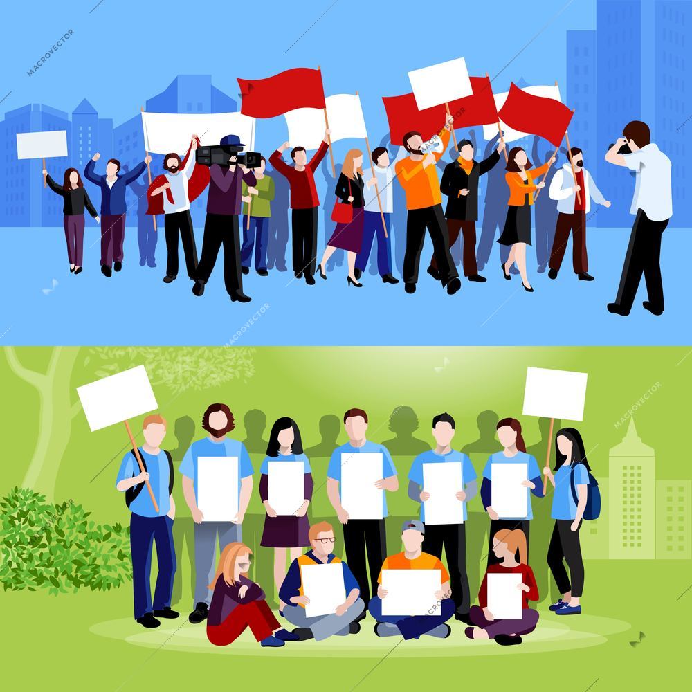 Demonstration protest people holding placards megaphones and flags and reporters with cameras on blue and green cityscape backgrounds flat isolated vector illustration